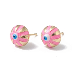 Pearl Pink Enamel Half Round with Evil Eye Stud Earrings, Real 18K Gold Plated Brass Jewelry for Women, Pearl Pink, 6x10x6mm, Pin: 1mm