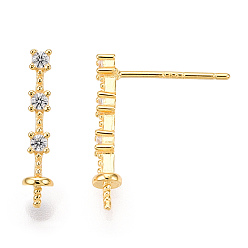 Real 18K Gold Plated 925 Sterling Silver Stud Earring Findings Micro Pave Cubic Zirconia, for Half Drilled Beads, with S925 Stamp, Cuboid, Real 18K Gold Plated, 15.5x3x2mm, Pin: 0.7×12mm, Tray:3mm.