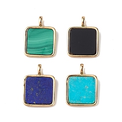Mixed Stone Natural Mixed Stone Pendants, Square Charms with Rack Plating Golden Tone Brass Findings, Lead Free & Cadmium Free, 16~16.5x12x1.5mm, Hole: 1.5x2mm