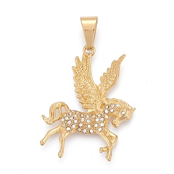 Golden 304 Stainless Steel Pendants, with Crystal Rhinestone, Pegasus, Golden, 45.5x37x4.5mm, Hole: 6.5x12mm