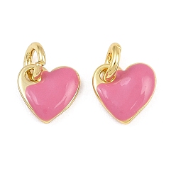 Pink Латунь эмаль прелести, сердце прелести, реальный 18 k позолоченный, стойки покрытие, долговечный, без кадмия и без свинца, розовые, 8x8x2.8 мм, отверстие : 3.5 мм