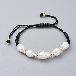 White Braided Bead Bracelets, with Natural Cultured Freshwater Pearl Beads, Brass Beads and Nylon Thread, White, 1-1/8 inch~2-7/8 inch(3~7.8cm)