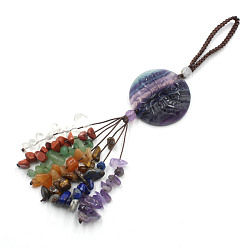 Fluorite Natural Fluorite Carved Flat Round with Tree of Life Pendant Decoratons, Braided Thread and Chakra Gemstone Chip Tassel for Bag Key Chain Hanging Ornaments, 140mm