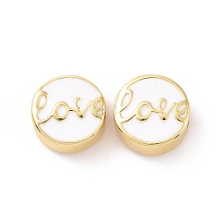 White Brass Enamel Beads, Cadmium Free & Lead Free, Long-Lasting Plated, Real 18K Gold Plated, Flat Round with Word Love, White, 12x5.5mm, Hole: 2.5mm