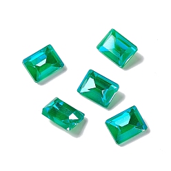 Emerald AB Mocha Fluorescent Style Glass Rhinestone Cabochons, Pointed Back, Faceted, Rectangle, Emerald AB, 8x6x3.5mm