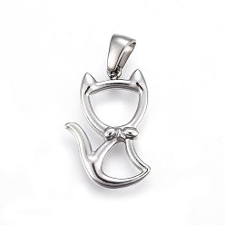 Stainless Steel Color 304 Stainless Steel Hollow Kitten Pendants, Cat with Bowknot Shape Shape, Stainless Steel Color, 22x15x3mm, Hole: 6x3mm