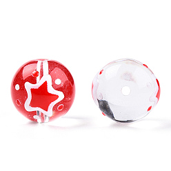 Red Transparent Handmade Lampwork Beads, Round with Star Pattern, Red, 17x16x15mm, Hole: 1.8~2mm
