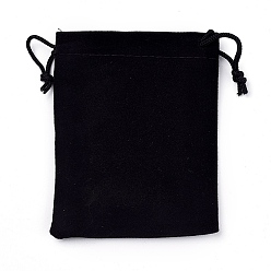 Black Rectangle Velvet Pouches, Drawstring Bags, with Polyester Rope, Black, 12x9.6cm