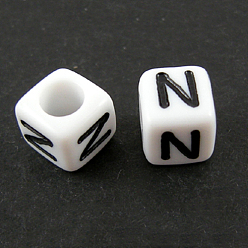 Letter N Letter Acrylic European Beads, Horizontal Hole, Cube, Letter.N, 10x10x10mm, Hole: 3.5~4mm, about 598pcs/500g