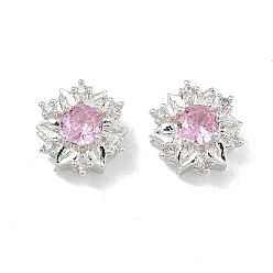 Pink Латунные звенья с инкрустацией кубическим цирконием, цветок, 925 серебро покрытием, розовые, 11.5x11.5x7.5 мм, отверстие : 1.5 мм