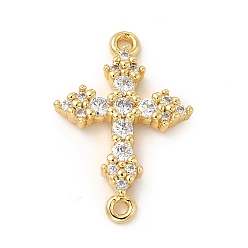 Clear Eco-Friendly Rack Plating Brass Pave Cubic Zirconia Connector Charms, Lead Free & Cadmium Free, Real 18K Gold Plated, Religion Cross Links, Clear, 24.5x16.5x3.5mm, Hole: 1.4~1.5mm