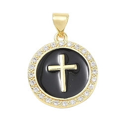 Noir Pendentifs croix religieuse en laiton micro-pavé de zircon cubique transparent, Breloques rondes plates émaillées, sans plomb et sans cadmium, plaqué longue durée, crémaillère plaquage, réel 18 k plaqué or, noir, 20x18x2mm, Trou: 5x3.5mm