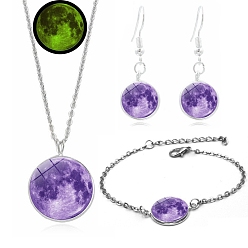 Dark Violet Alloy & Glass Moon Effect Luminous Jewerly Sets, Including Bracelets, Earring and Necklaces, Dark Violet