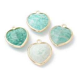 Amazonite Natural Amazonite Pendants, with Golden Brass Edge, Faceted, Heart, 19x16.5x6~6.5mm, Hole: 1.6mm