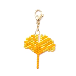 Желтый Подвесные украшения из стеклянных бусин ручной работы, лист, с 304 из нержавеющей стали Lobster Claw застежками, желтые, 44.5 мм, Кулон : 26x24x1.7 мм