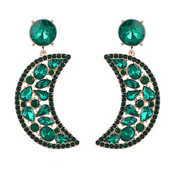 Emerald Sparkling Rhinestone Crescent Moon Dangle Stud Earrings, Golden Alloy Long Drop Earrings for Women, Emerald, 74x37mm