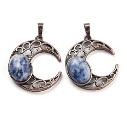 (306FM) Жонкиль матовый с лаймовой подкладкой Натуральные синие пятна яшмы подвески, с красной медью, луна, 34x30x9~9.5 мм, отверстие : 5x8 мм