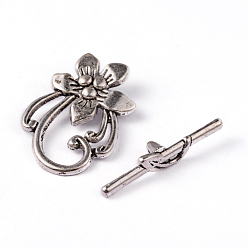 Antique Silver Tibetan Silver Toggle Clasps, Lead Free and Nickel Free and Cadmium Free, Flower, Antique Silver, Flower: about 20mm wide, 28mm long, Bar: about 5mm wide, 30mm long, hole: 2mm