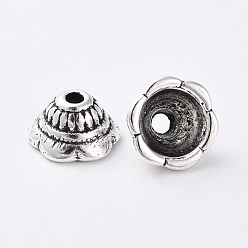 Antique Silver Tibetan Style Caps, Lead Free & Cadmium Free, Flower, Antique Silver, 8x5mm, Hole: 2mm