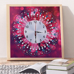 Flower DIY Clock Diamond Painting Kits, Including Canvas, Resin Rhinestones, Diamond Sticky Pen, Tray Plate and Glue Clay, Flower Pattern, 350x350mm