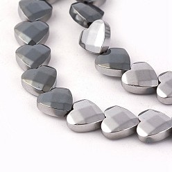 Platinum Plated Electroplated Non-magnetic Synthetic Hematite Beads Strands, Faceted, Half Plated, Heart, Platinum Plated, 8x8x3mm, Hole: 0.8mm, about 54pcs/strand, 16.14 inch(41cm)