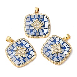 Королевский синий Овальные подвески со звездами из латуни с микропаве и кубическими циркониями, с эмалью и ракушкой, долговечный, без свинца и без кадмия, реальный 18 k позолоченный, королевский синий, 25x23x3 мм, отверстие : 5x4 мм