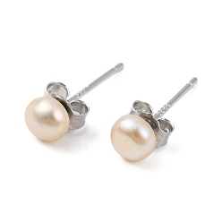 Blanched Almond Natural Pearl Round Bead Stud Earrings, with Real Platinum Plated 925 Sterling Silver Findings, Blanched Almond, 14x4~5mm