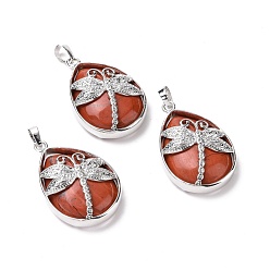 Red Jasper Natural Red Jasper Pendants, with Platinum Tone Brass Findings, Lead Free & Cadmium Free, Teardrop with Dragonfly Charms, 40~40.5x26~26.5x9~9.5mm, Hole: 5x7mm