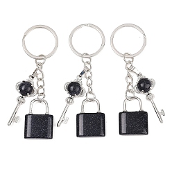 Синий Драгоценный Камень Синтетические брелки с кулоном из синего золота, Замок и ключ, с разъемным кольцом для ключей из латуни и железа, стойки покрытие, долговечный, платина, 80 мм