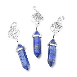 Lapis Lazuli Natural Dyed Lapis Lazuli Pointed Big Pendants, with Platinum Plated Brass Findings, Faceted, Bullet & Tree of Life, 59~67x14~15mm, Hole: 7x5mm