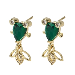 Зеленый Серьги-гвоздики в форме рыбок из латуни с микропаве из кубических цирконий, со стеклом, стойки покрытие, золотые, зелёные, 20.5x10.5 мм
