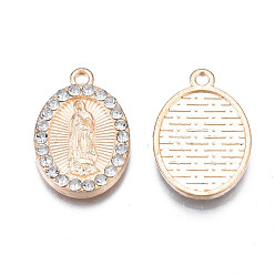 Crystal Alloy Pendants, with Rhinestone, Light Gold, Cadmium Free & Lead Free, Oval with Virgin Mary, Crystal, 22x14.5x2mm, Hole: 1.6mm