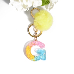 Letter G Resin Keychains, Pom Pom Ball Keychain, with KC Gold Tone Plated Iron Findings, Letter.G, 11.2x1.2~5.7cm