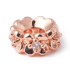 Розовый Позолоченный Экологически чистые латунные бусины из циркония с микропаве, долговечный, без свинца и без кадмия, цветок, Настоящее розовое золото покрыто, 6x2.5 мм, отверстие : 2.5 мм