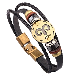 Aries Braided Cowhide Cord Multi-Strand Bracelets, Constellation Bracelet for Men, with Wood Bead & Alloy Clasp, Aries, 8-1/4 inch(21cm)