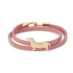 Flamingo Imitation Leather Puppy Wrap Bracelets, 2-Loops, with Alloy Sausage Dog/Dachshund Side Charms and Clasps, Golden, Flamingo, 14-5/8 inch(37cm), 5.5x2mm