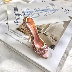 Light Rose Rhinestone High-heeled Shoes Keychains, KC Gold Plated Alloy Enamel Charm Keychain, Light Rose, 6x5.5cm