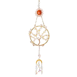 Clear AB Flat Round with Tree of Life Copper Wire Wrapped Natural Citrine Chip Pendant Decorations, Hanging Suncatchers, with Glass Charm, for Home Car Decorations, Moon, Golden & Rose Gold, 430mm