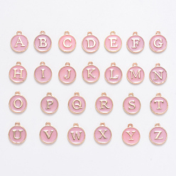 Pink Initial Letter A~Z Alphabet Enamel Charms, Flat Round Disc Double Sided Charms, Pink, 14x12x2mm, Hole: 1.5mm, 26pcs/set