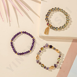 C Purple Crystal Tassel Bracelet with Pearl Beads - Minimalist, Colorful Resin, Couple Bracelet.