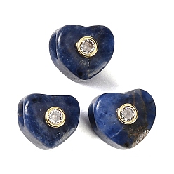 Sodalita Cuentas europeas de sodalita natural, corazón cuentas grandes hoyos, con detalles de latón dorado micro pavé de circonita cúbica transparente, 12.5~13x13~14x12~13 mm, agujero: 5.5 mm