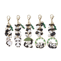 White Panda Alloy Enamel Pendant Decorations, Natural Obsidian & Synthetic White Howlite Chip Beads and 304 Stainless Steel Lobster Claw Clasps Charms, White, 65~78mm