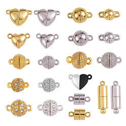 Mixed Color 21Pcs 21 Styles Brass Magnetic Clasps, for Necklace Bracelet Jewelry DIY Crafts Making, Heart & Column & Round, Mixed Color, 11mm~20.5mm, 1pc/style