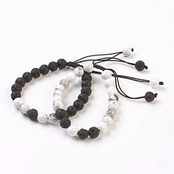 Mixed Stone Valentines Day Special Gifts, Natural Lava Rock and Howlite Braided Bead Bracelets, 1-7/8 inch(4.9cm), 2strands/set