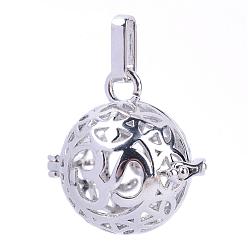 Platinum Rack Plating Brass Cage Pendants, For Chime Ball Pendant Necklaces Making, Hollow Round with Om Symbol, Platinum, 25x24x20.5mm, Hole: 3x7mm, inner measure: 18mm