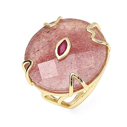 Strawberry Quartz Natural Strawberry Quartz Cuff Rings, Round, Brass Micro Pave Cubic Zirconia Cuff Open Rings, Faceted, Golden, US Size 8 1/2(18.5mm)
