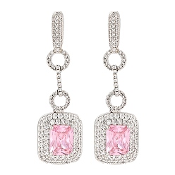Бледно-Розовый Латунь микро проложить кубический цирконий болтаться серьги стержня, прямоугольные, платина, розовый жемчуг, 46x14 мм