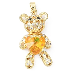Orange Real 18K Gold Plated Rack Plating Brass Micro Pave Cubic Zirconia Pendants, with Glass, Long-Lasting Plated, Cadmium Free & Lead Free, Bear with Star Pattern, Orange, 38x19.5x9mm, Hole: 3.5x5mm