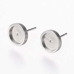 Stainless Steel Color 304 Stainless Steel Stud Earring Settings, Flat Round, Stainless Steel Color, 13x10mm, Tray: 8mm, Pin: 0.8mm