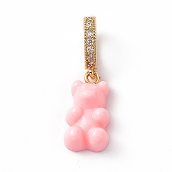 Pink Opaque Resin Pendants, with Golden Tone Brass Crystal Rhinestone Findings, Bear, Pink, 34mm, Bear: 19.5x10.5x6.5mm, Hole: 9.5x6mm